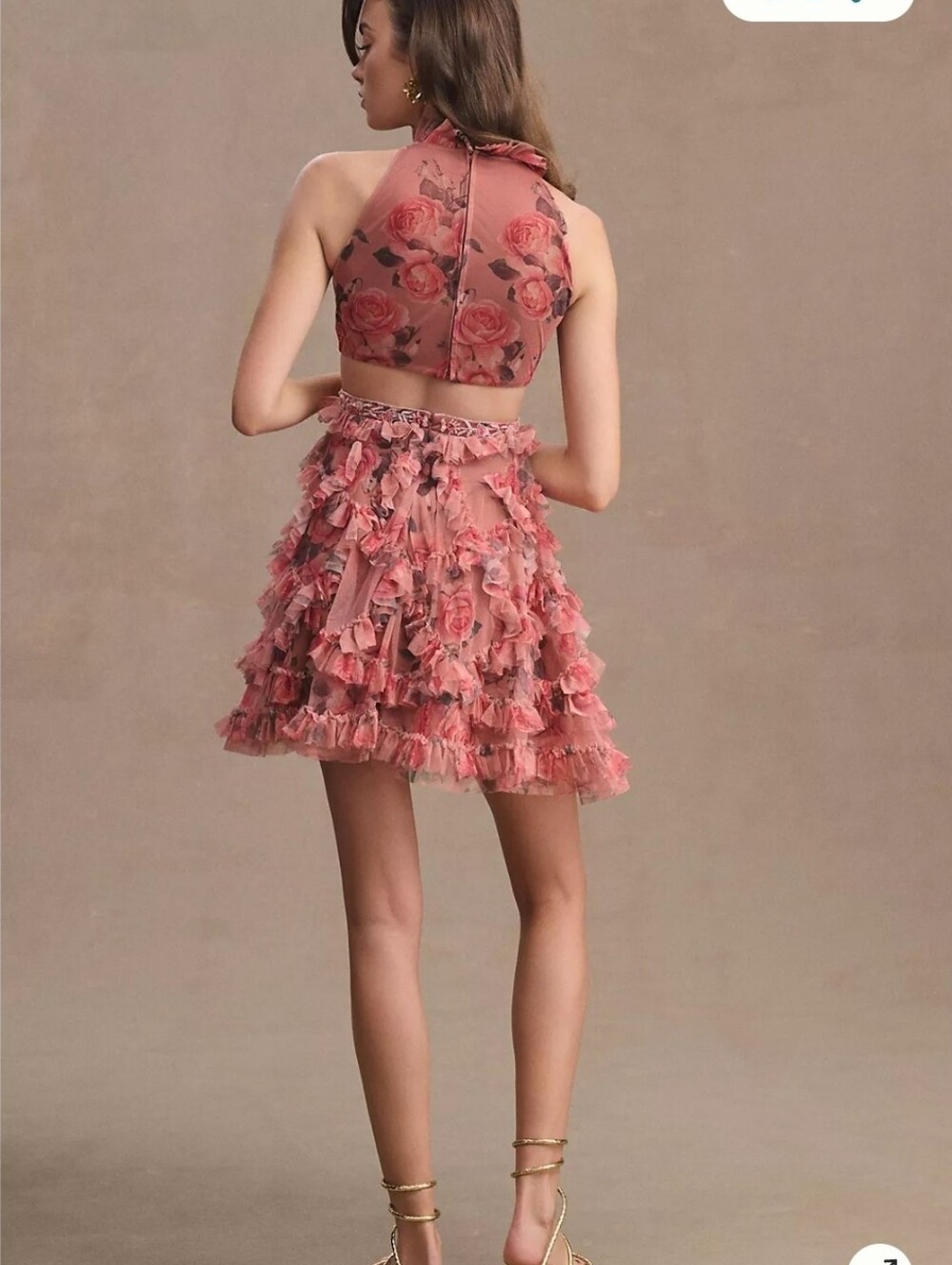 Mac Duggal Ruffled Cutout Halter Dustu Rose Floral Mini Dress Sz 6 - Picture 4 of 16